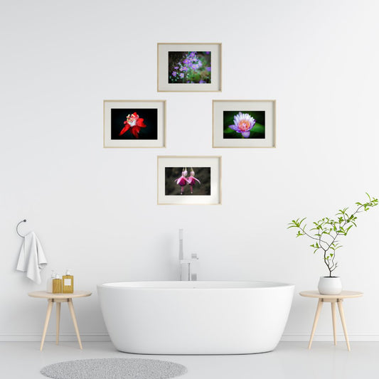 Set of 4 Flower Wall Art Prints โ Lotus, Red Bloom, Bell Flower & Lavender Theme | Fibre Photo Artwork for Home Decor | Modern Framed Floral Art Panels