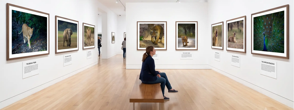 A woman sits on a wooden bench in a bright gallery room with light wood floors, looking at framed wildlife photographs hanging on white walls. The gallery displays large framed prints including a lion, elephant, tiger, and peacock.